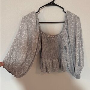 Dainty Hooligan Heather Gray Smocked Square-Neck Crop Top with Balloon Sleeves
